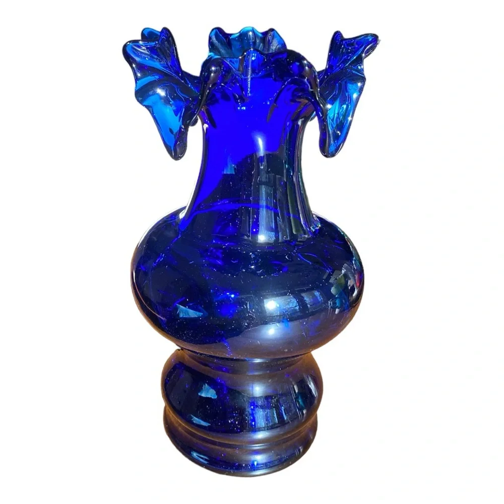 Vintage Mid Century Cobalt Blue Ruffled Glass Vase